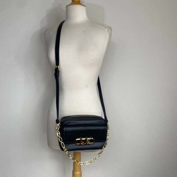 Michael Kors Women's Black Leather Gold Logo Parker Camera Crossbody Bag Classic - Picture 2 of 15